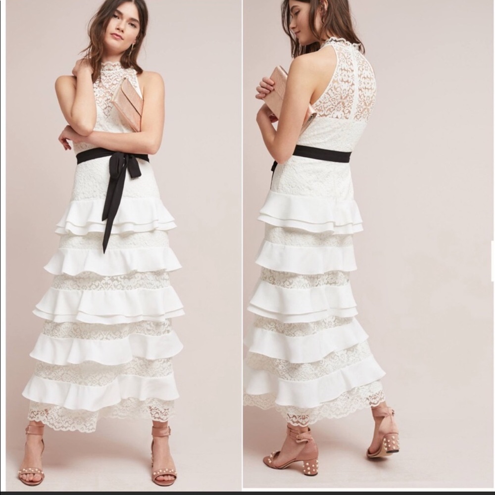 Monique Lhuillier White Lace Tiered Maxi Dress Size 6
